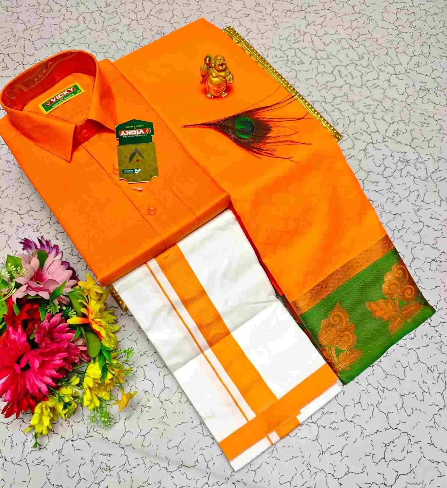 Mangalyam Orange Mayura Green Contrast Karizma Silk Couple Combo